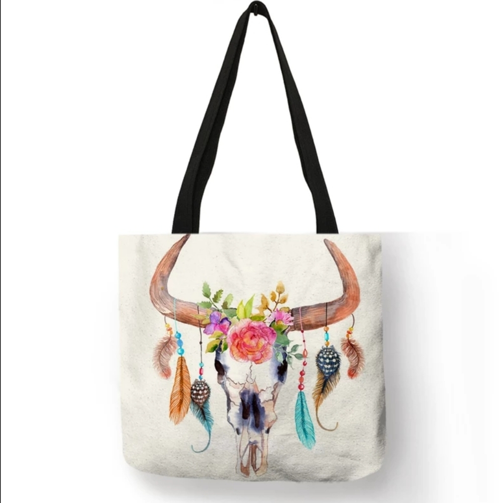 Floral Bull Skull Bag. Cow Skull Country Western Cowgirl Rodeo Boho Chic Horns